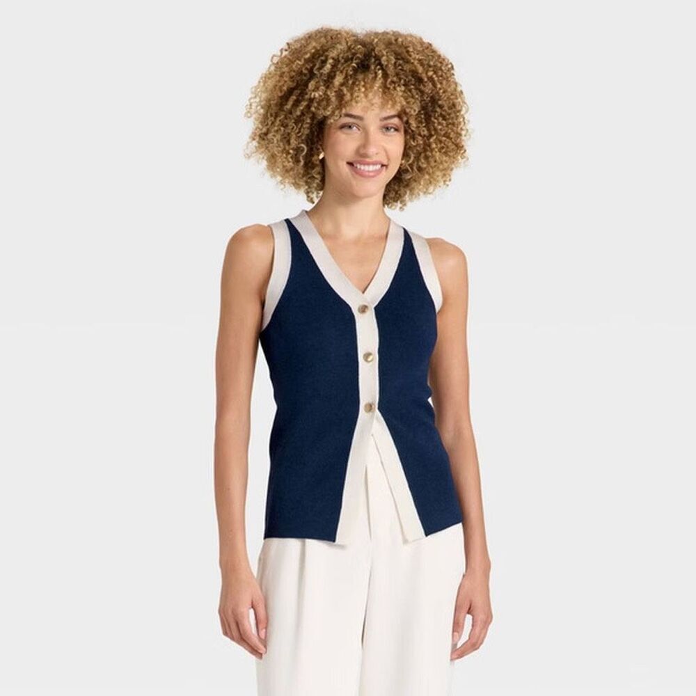A New Day Women's Button Sweater Vest, S - Navy/Cream m5